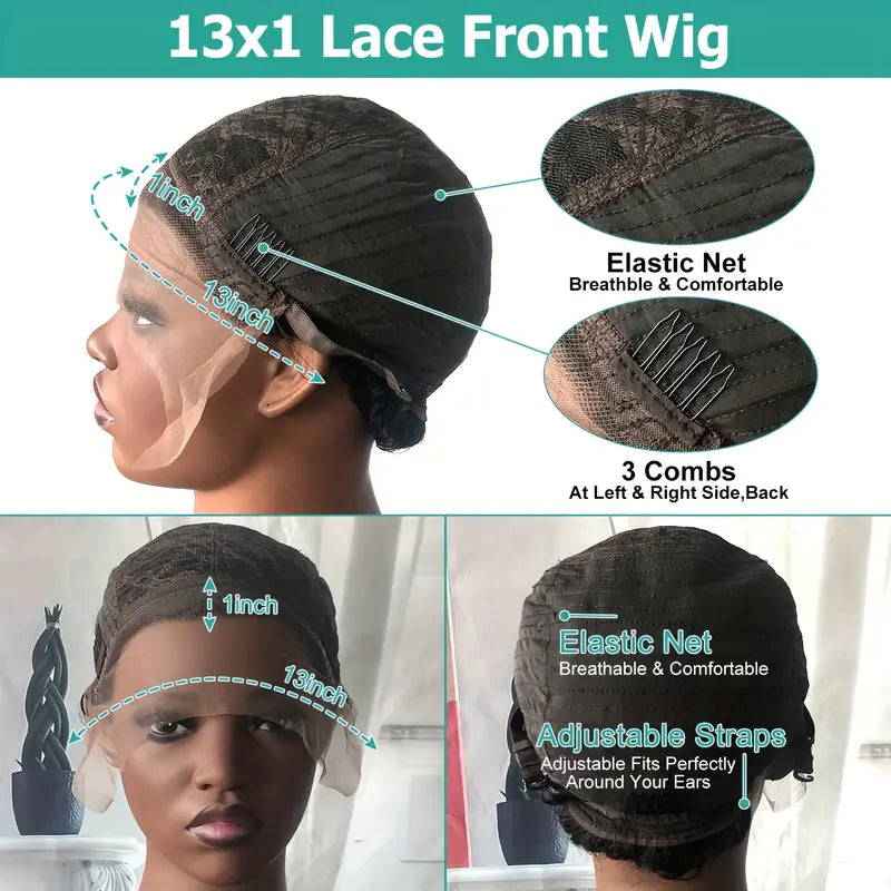 1B/27 Glossy Black Short Pixie Cut Wig – Curly Brazilian Remy Human Hair Wig for Women. Full Machine-Made, Natural Black Color,