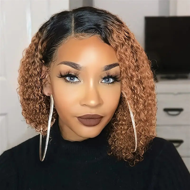 Elegant Ombre Deep Curly Bob Wig for Women - 13x4 Lace Front, Brazilian Human Hair, Water Wave Short Style, 150% Density