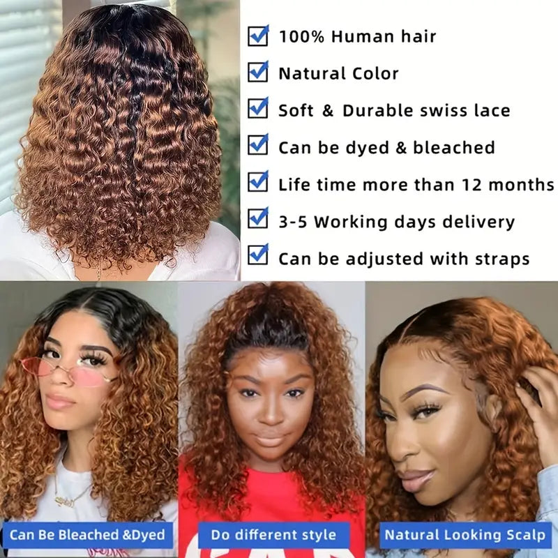 Elegant Ombre Deep Curly Bob Wig for Women - 13x4 Lace Front, Brazilian Human Hair, Water Wave Short Style, 150% Density