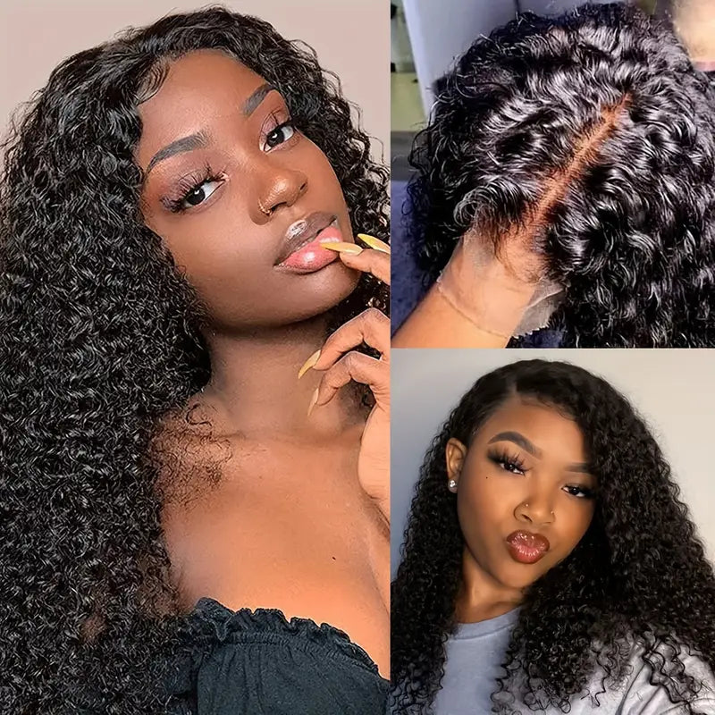 150% Density Elegant Kinky Curly Wig – Virgin Human Hair in Natural Black. Featuring a Glueless 4x4x1 T-Part Lace Design with Transparent Lace Closure,