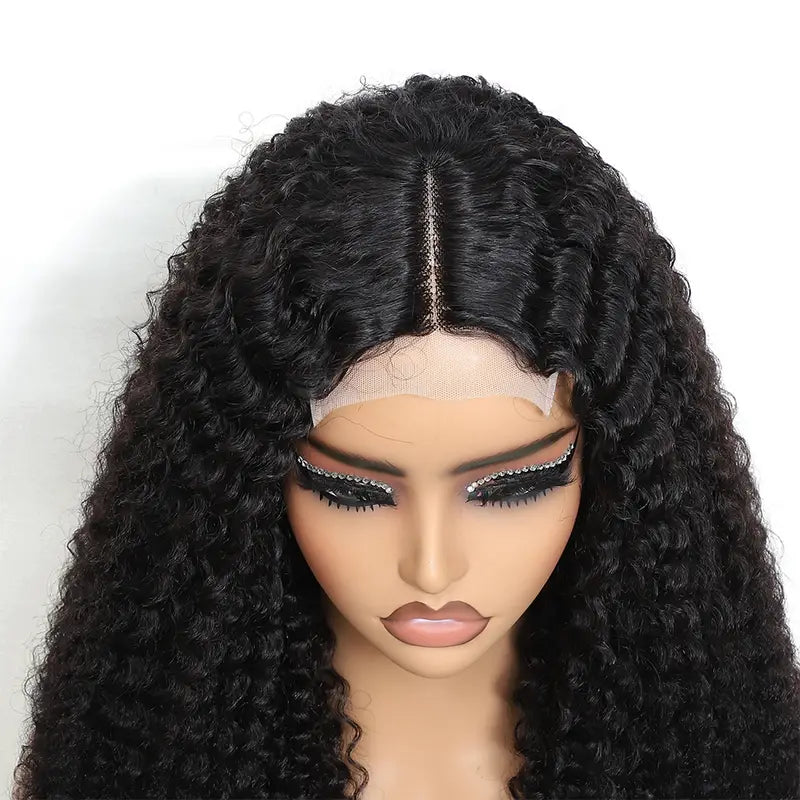 150% Density Elegant Kinky Curly Wig – Virgin Human Hair in Natural Black. Featuring a Glueless 4x4x1 T-Part Lace Design with Transparent Lace Closure,