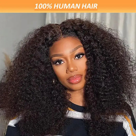 150% Density Elegant Kinky Curly Wig – Virgin Human Hair in Natural Black. Featuring a Glueless 4x4x1 T-Part Lace Design with Transparent Lace Closure,