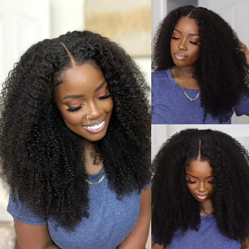 150% Density Elegant Kinky Curly Wig – Virgin Human Hair in Natural Black. Featuring a Glueless 4x4x1 T-Part Lace Design with Transparent Lace Closure,