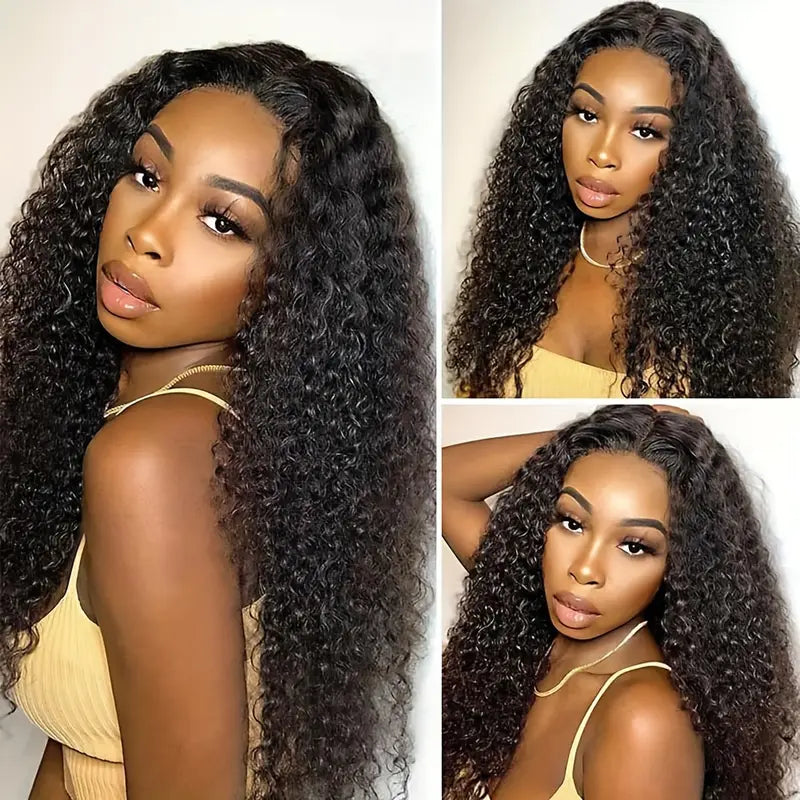 150% Density Elegant Kinky Curly Wig – Virgin Human Hair in Natural Black. Featuring a Glueless 4x4x1 T-Part Lace Design with Transparent Lace Closure,