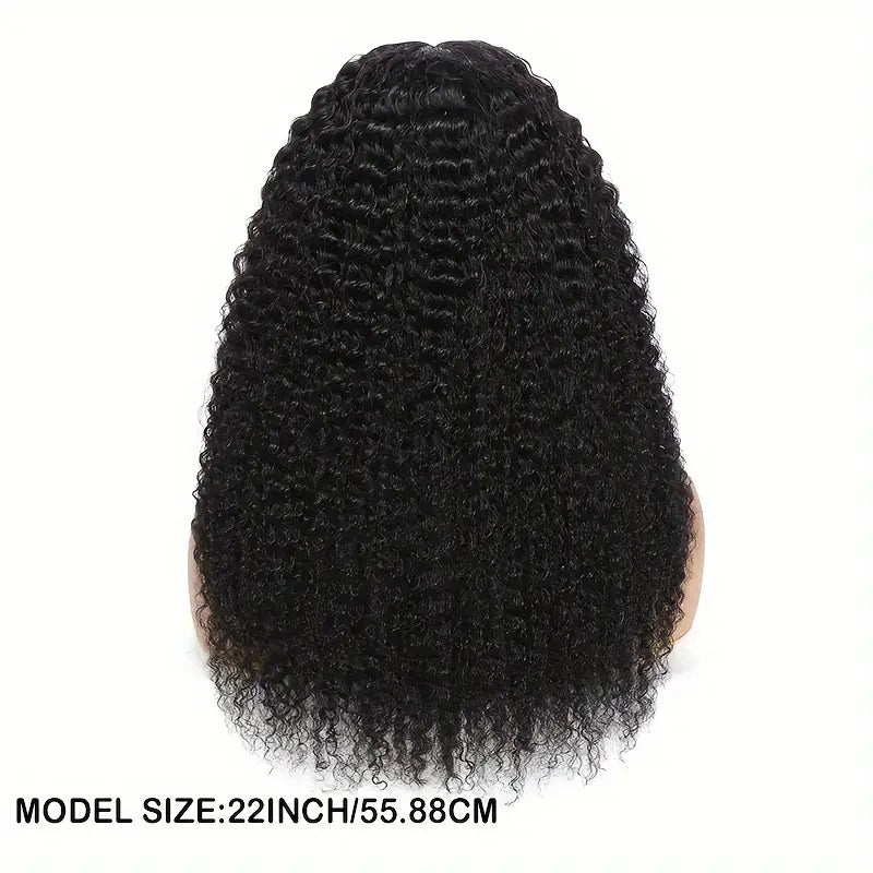 150% Density Elegant Kinky Curly Wig – Virgin Human Hair in Natural Black. Featuring a Glueless 4x4x1 T-Part Lace Design with Transparent Lace Closure,