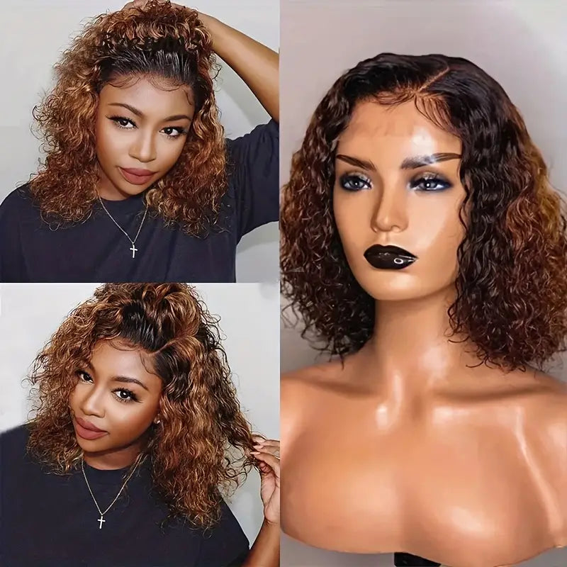 Elegant Ombre Deep Curly Bob Wig for Women - 13x4 Lace Front, Brazilian Human Hair, Water Wave Short Style, 150% Density